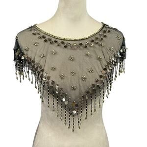 Vintage Glam Mesh Capelet Shawl Black Gold Beaded Sequin Fringe